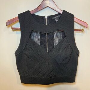 Forever 21 Black Textured Cropped Tank Top with Mesh Detail Size Medium